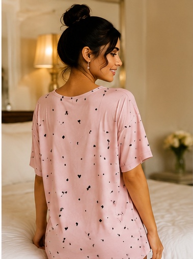 Women’s Pink Heart Print Short Sleeve Night Suit Set